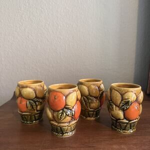 Inarco E3351 Orange Spice Ceramic Mugs Set of 5 Painted Embossed Fruit Design